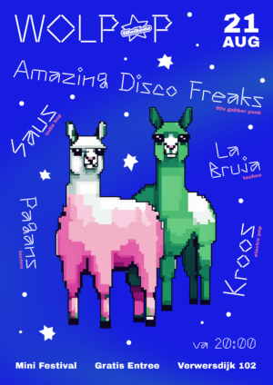 poster featuring alpacas, for an event called Wolpop, which will be held on august 21th in Delft Netherlands