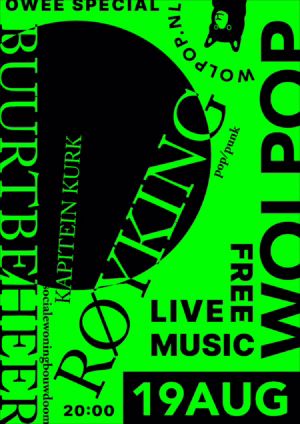 poster voor owee feest en punkconcert van royking en buurtbeheer in augustus in delft