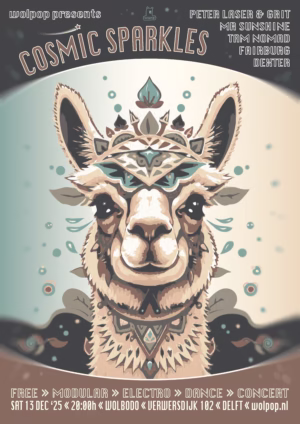 Poster voor het modular synth en electro feest Cosmic Sparkles in Delft in December 2025, er staat een alpaca op de poster