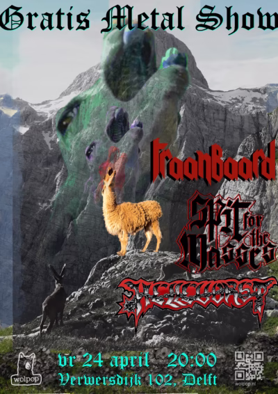 poster voor een metalshow in april 2026, in Delft bij Wolbodo, georganiseerd door Wolpop, op de line up staan Traanbaard, Spit for the Masses, Hellevorst
