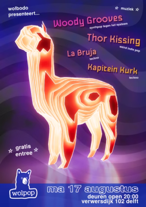 poster voor mini festival in Delft met concerten van Thor Kissing, Woody Grooves, La Bruja en Kapitein Kurk, tijdens de Owee Delft 'Meters Maken'