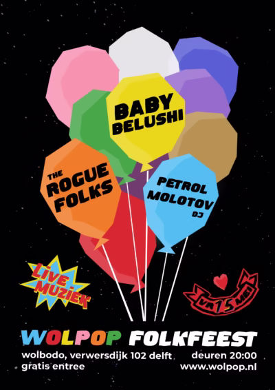 poster met daarop een tros ballonnen. concertposter voor baby belushi, the rogue folks en petrol molotov bij Wolpop in Delft