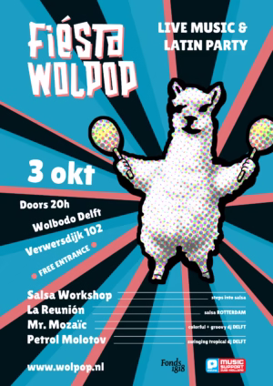 poster voor een latin salsa concert in delft op 3 oktober 2025, er staat een alpaca op
