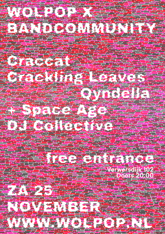 geometrical poster for a concert starring 'craccat', 'crackling leaves' and qyndella. Afterpart by 'Space Age DJ collective'
