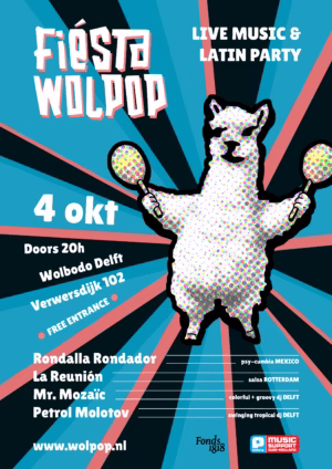 poster voor een latin salsa cumbia concert in delft op 4 oktober 2025, er staat een alpaca op